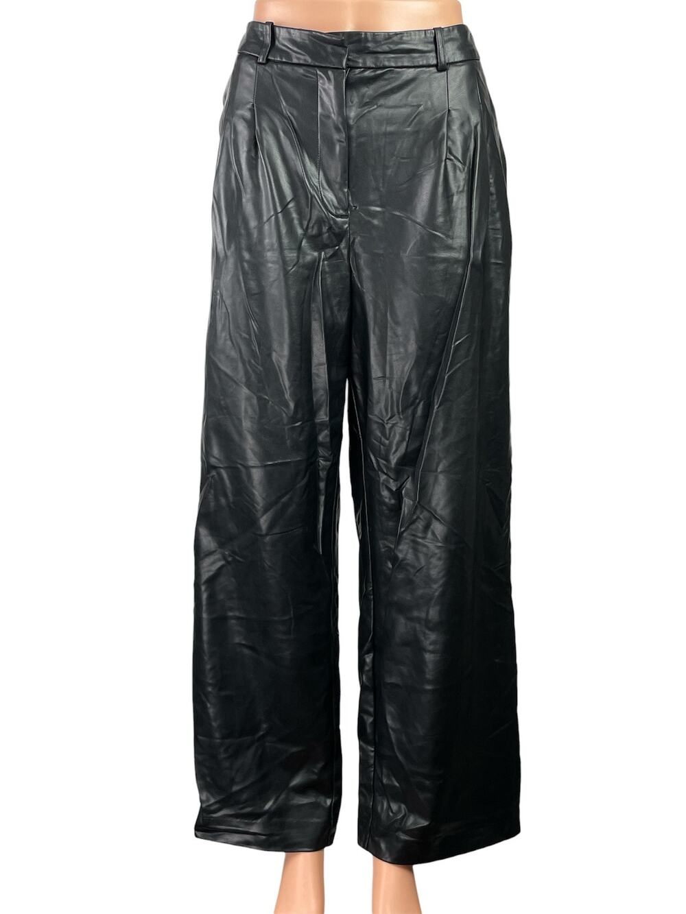 Worthington Black Faux Vegan Leather High Waisted Wide Leg Trousers Pants Sz 12